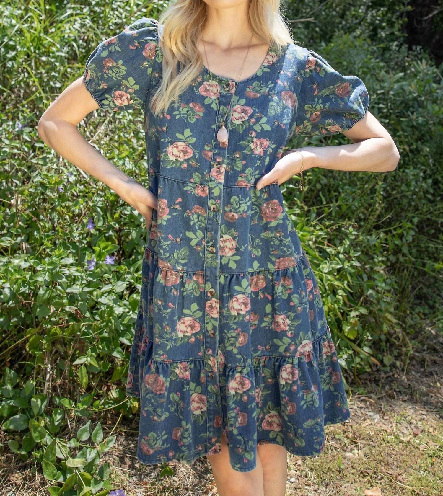 She + Sky - Puff Sleeve Button Down Tiered Print Denim Dress