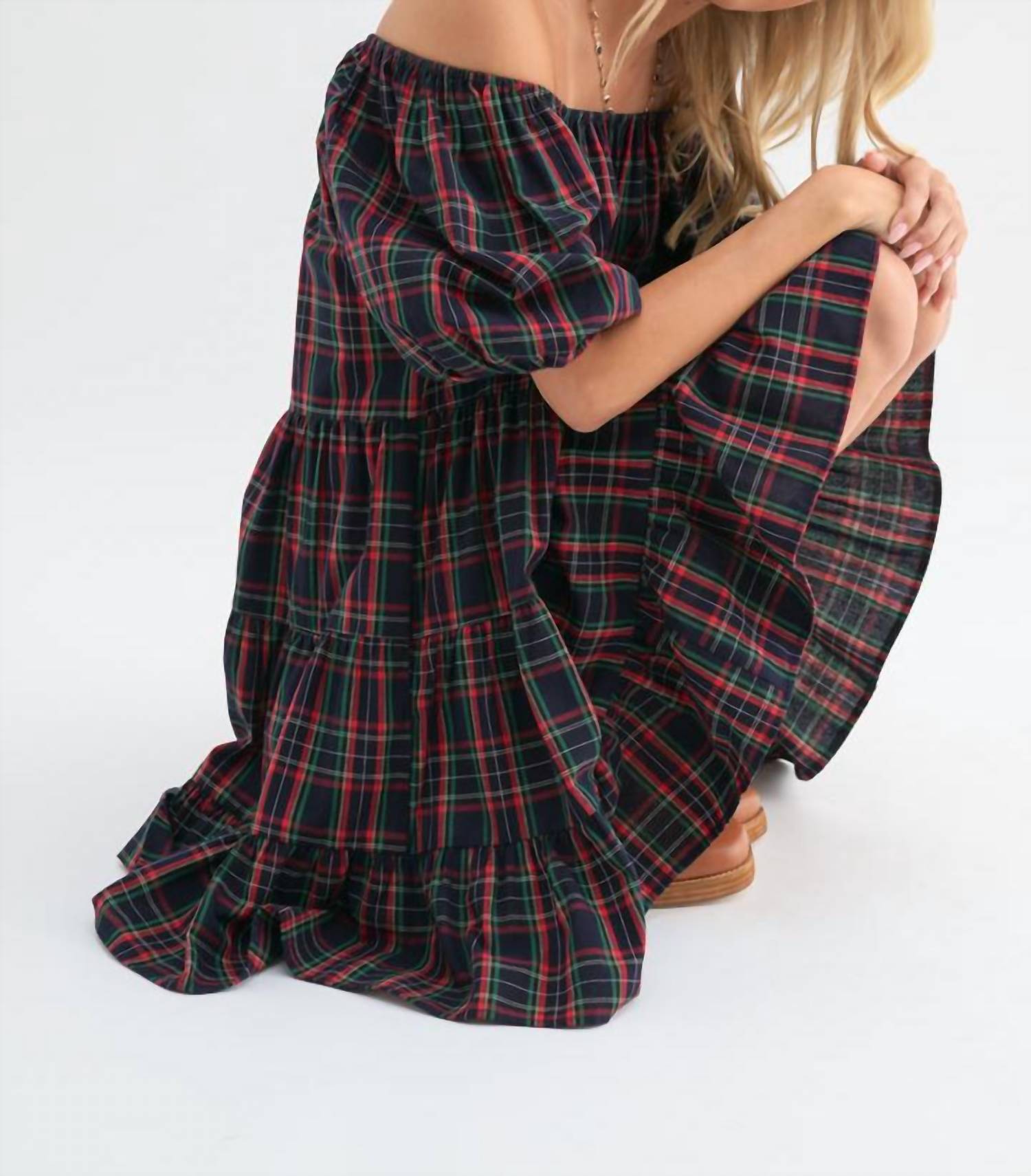 WISHLIST Holly Plaid Puff Sleeve Tiered Midi Dress in navy - women's dress - view 4