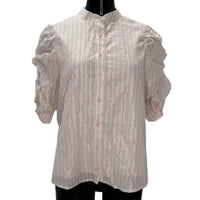 Ciebon - Women's Metallic Striped Puff Sleeves Button Top