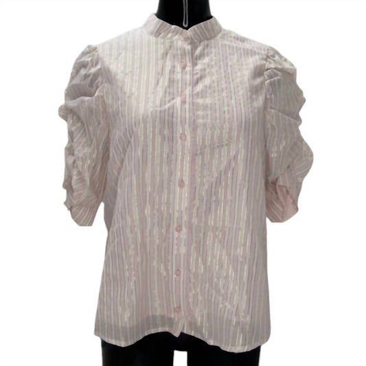 Ciebon - Women's Metallic Striped Puff Sleeves Button Top