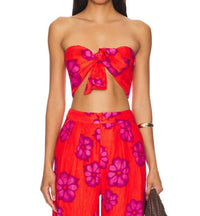 RHODE Toni Floral Linen Bra Top in scarlet bombay bloom - women's shirt