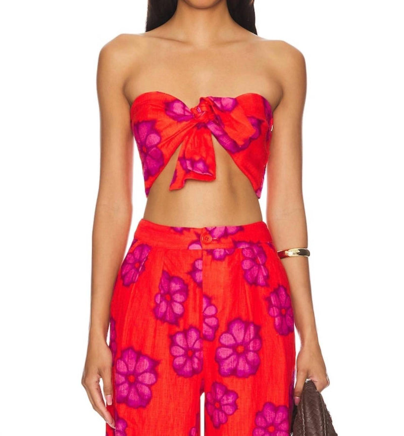 RHODE Toni Floral Linen Bra Top in scarlet bombay bloom - women's shirt