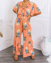 Surelymine - Peach Floral Ruffle Jumpsuit Wide-leg Summer One-piece