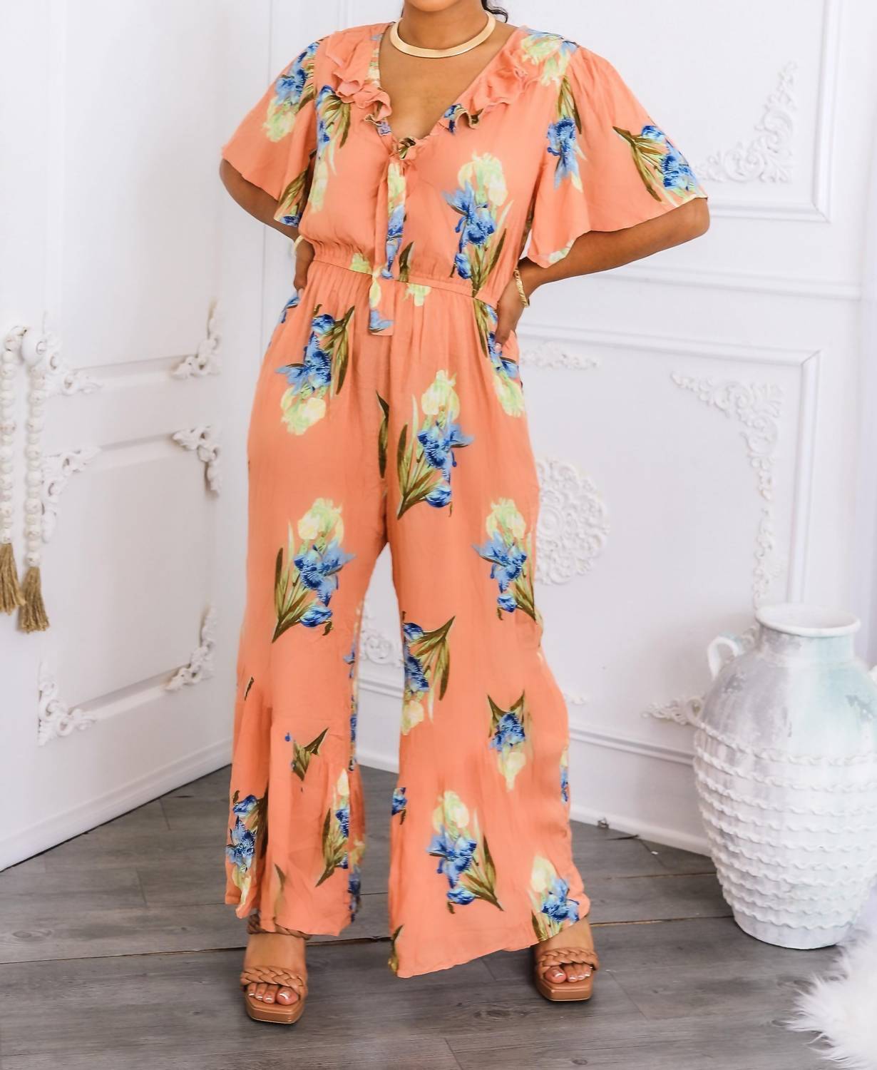 Surelymine - Peach Floral Ruffle Jumpsuit Wide-leg Summer One-piece