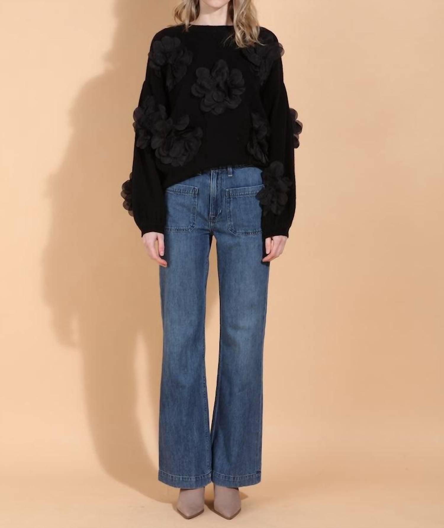 JESSIE LIU Round Neck 3d Applique Sweater in black - women's sweater - view 5