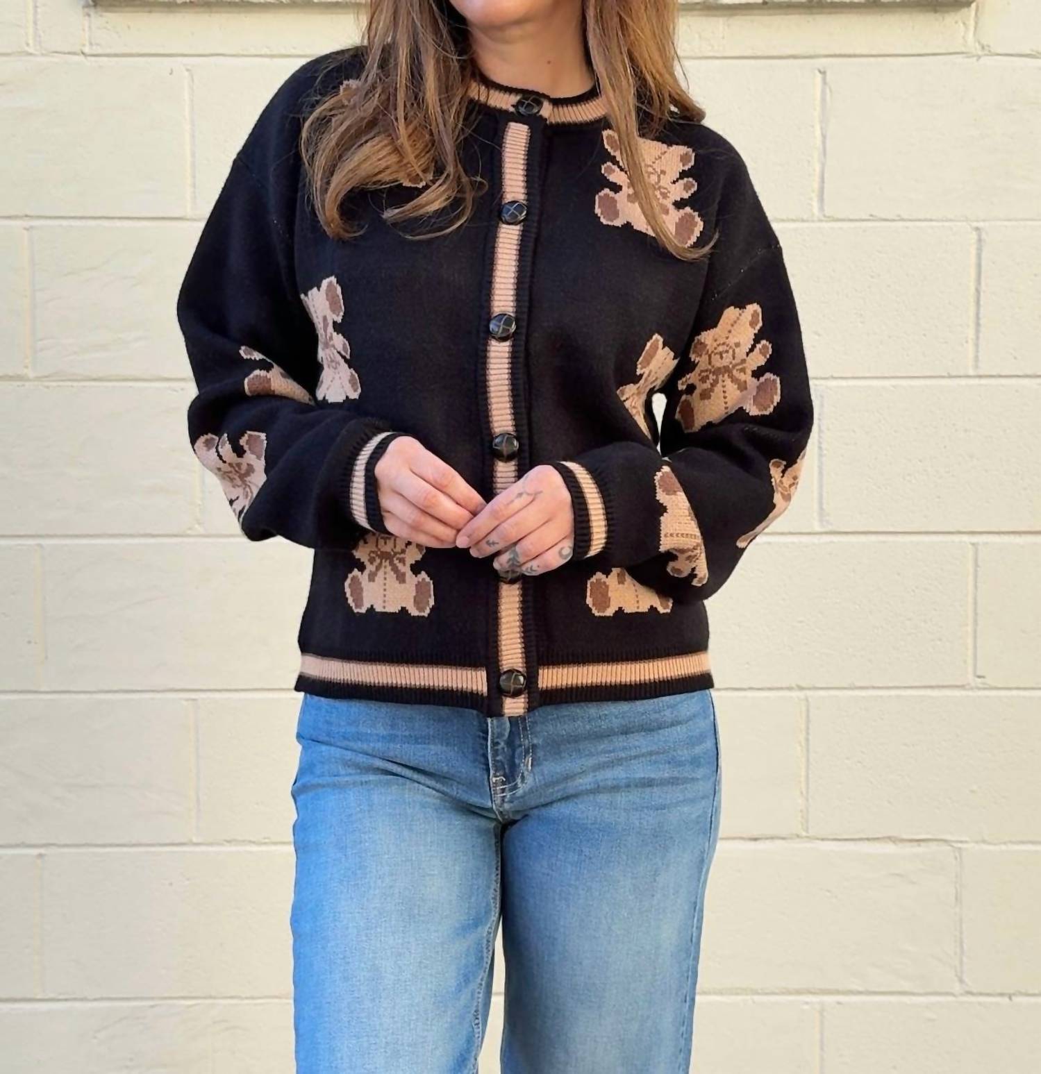 THML Harmony Button Front Sweater in black brown - women's sweater