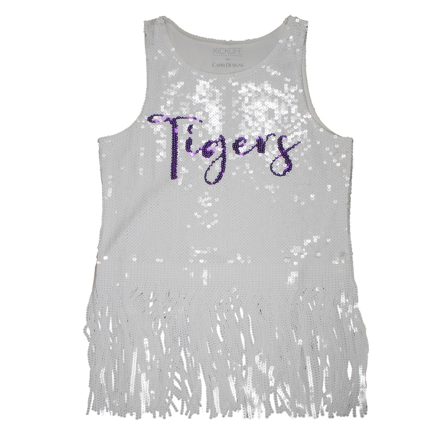 Capri Designs - Women's Sequin Clemson Fringe Tank Top