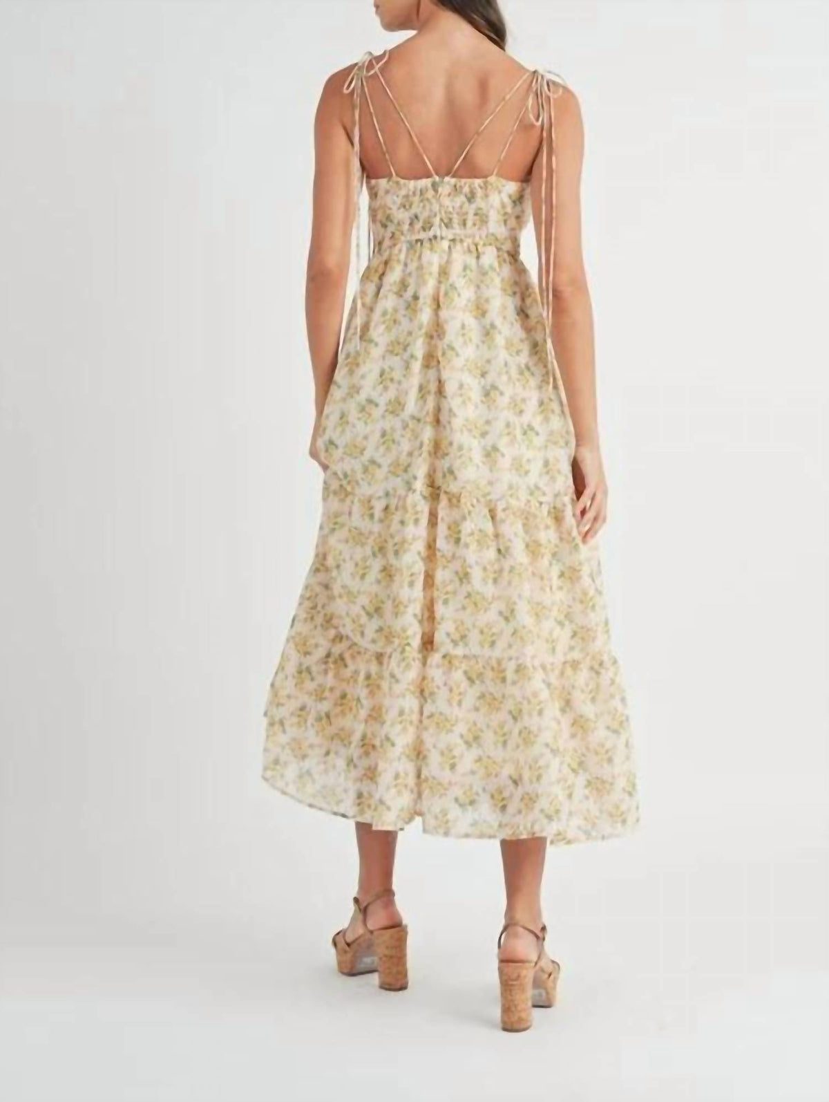 Mable - Floral Print Double Self Tie Tiered Midi Dress
