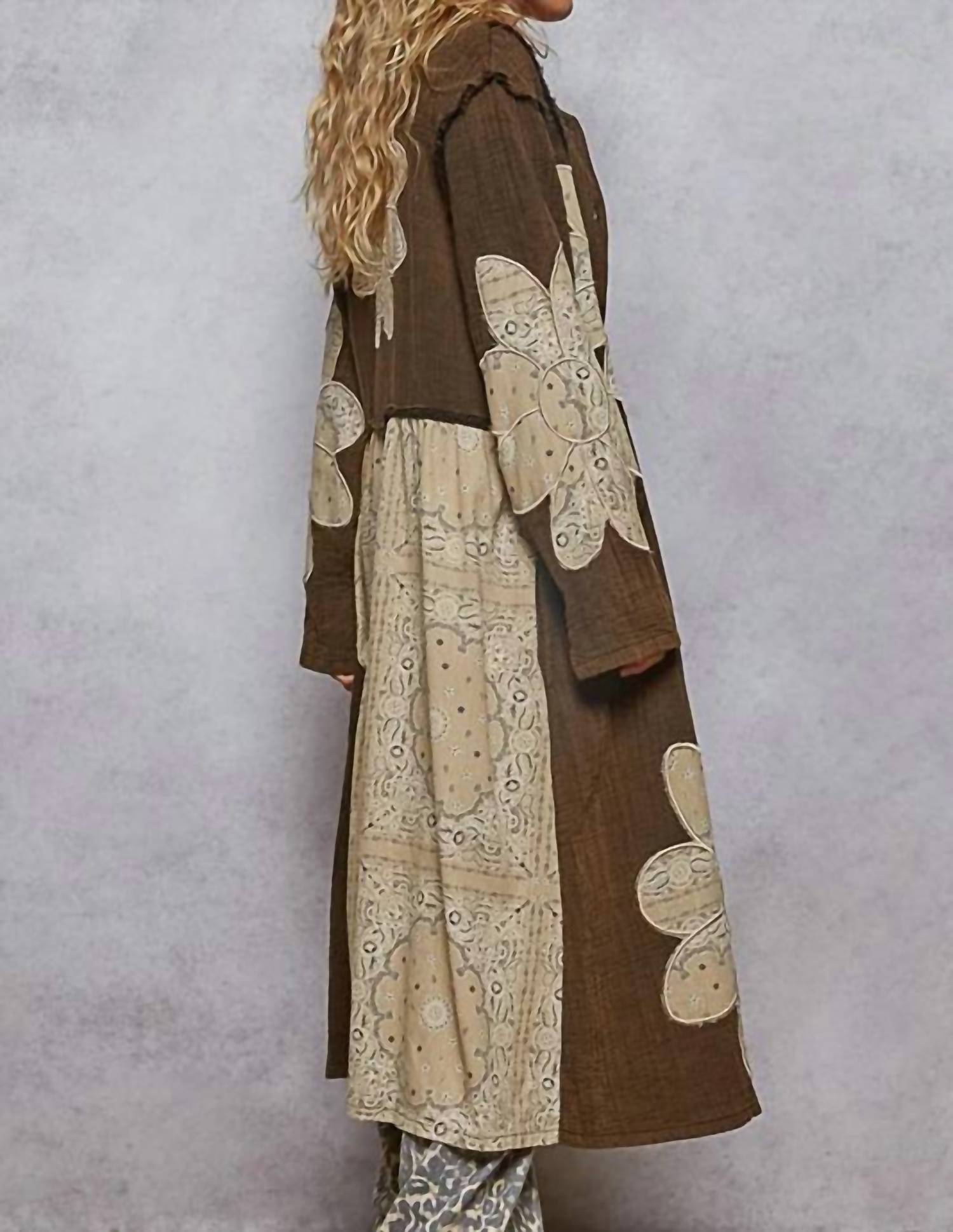 Pol - Gauze Floral Appliques Studded Long Jacket