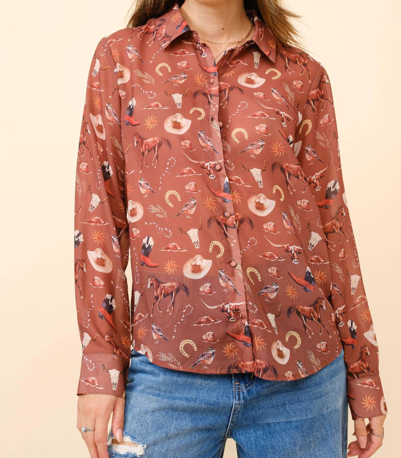 Blue B Western Print Chiffon Button Up Blouse in russet brown - women's blouse
