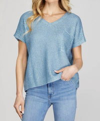 She + Sky - Short Sleeve V-neck Metallic Coated Sweater Top With Front Pocket