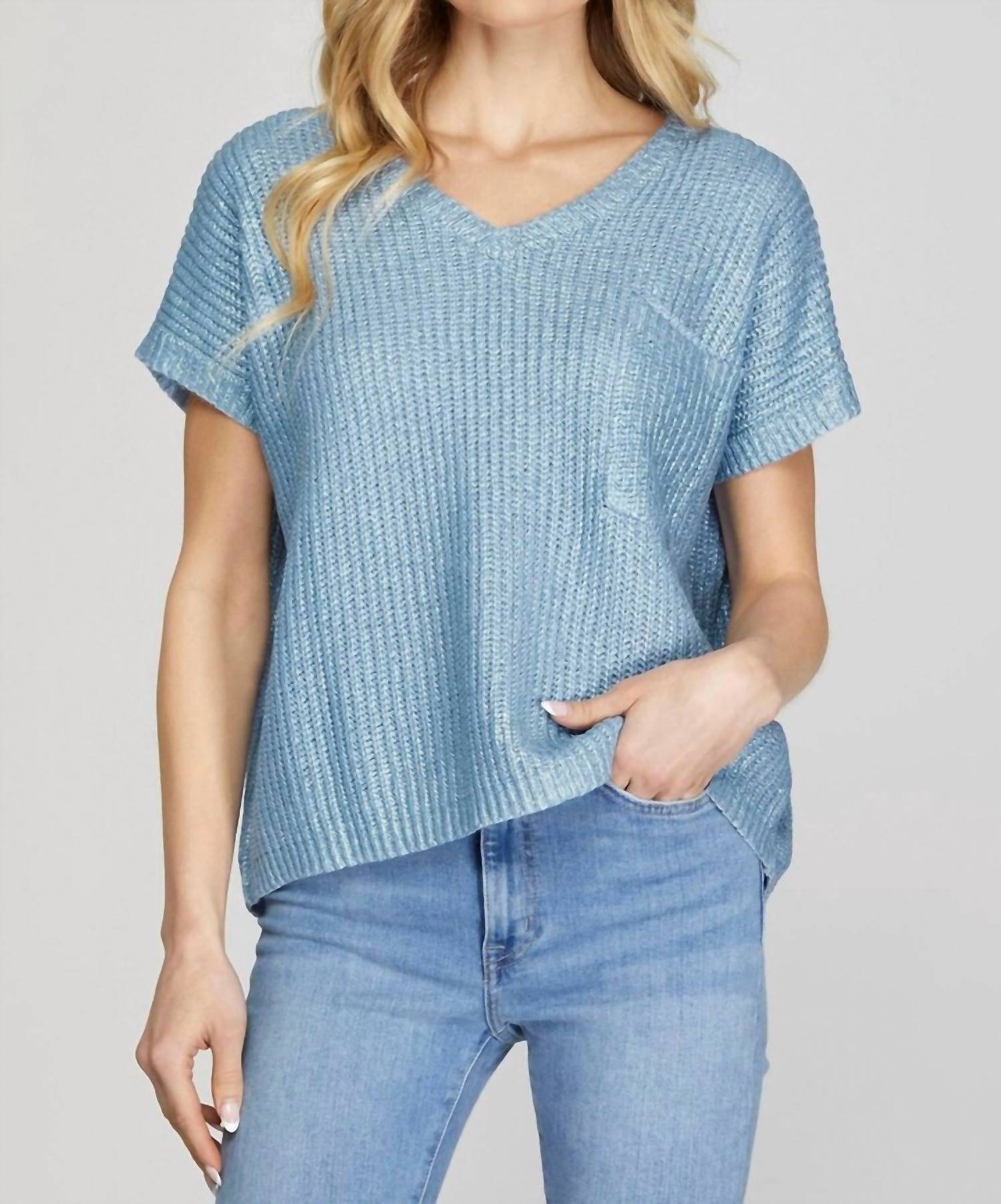 She + Sky - Short Sleeve V-neck Metallic Coated Sweater Top With Front Pocket