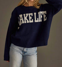 Panache Apparel Lake Life Graphic Sweater in navy - women's sweater