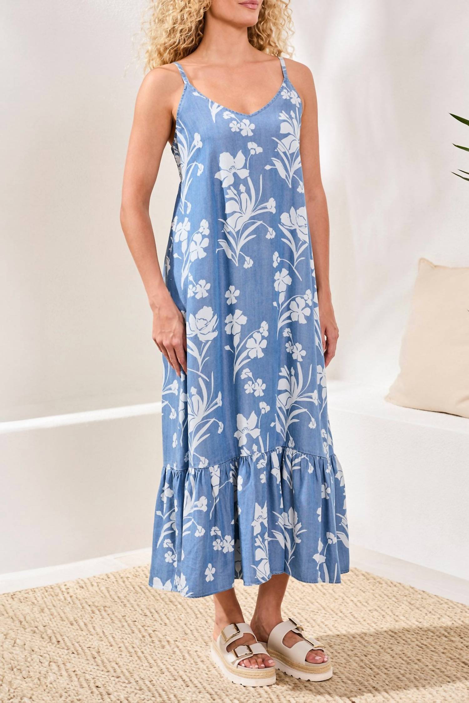 TRIBAL Drape Denim Flowy Maxi Dress With Ruffle Hem in seaside blue - women's dress