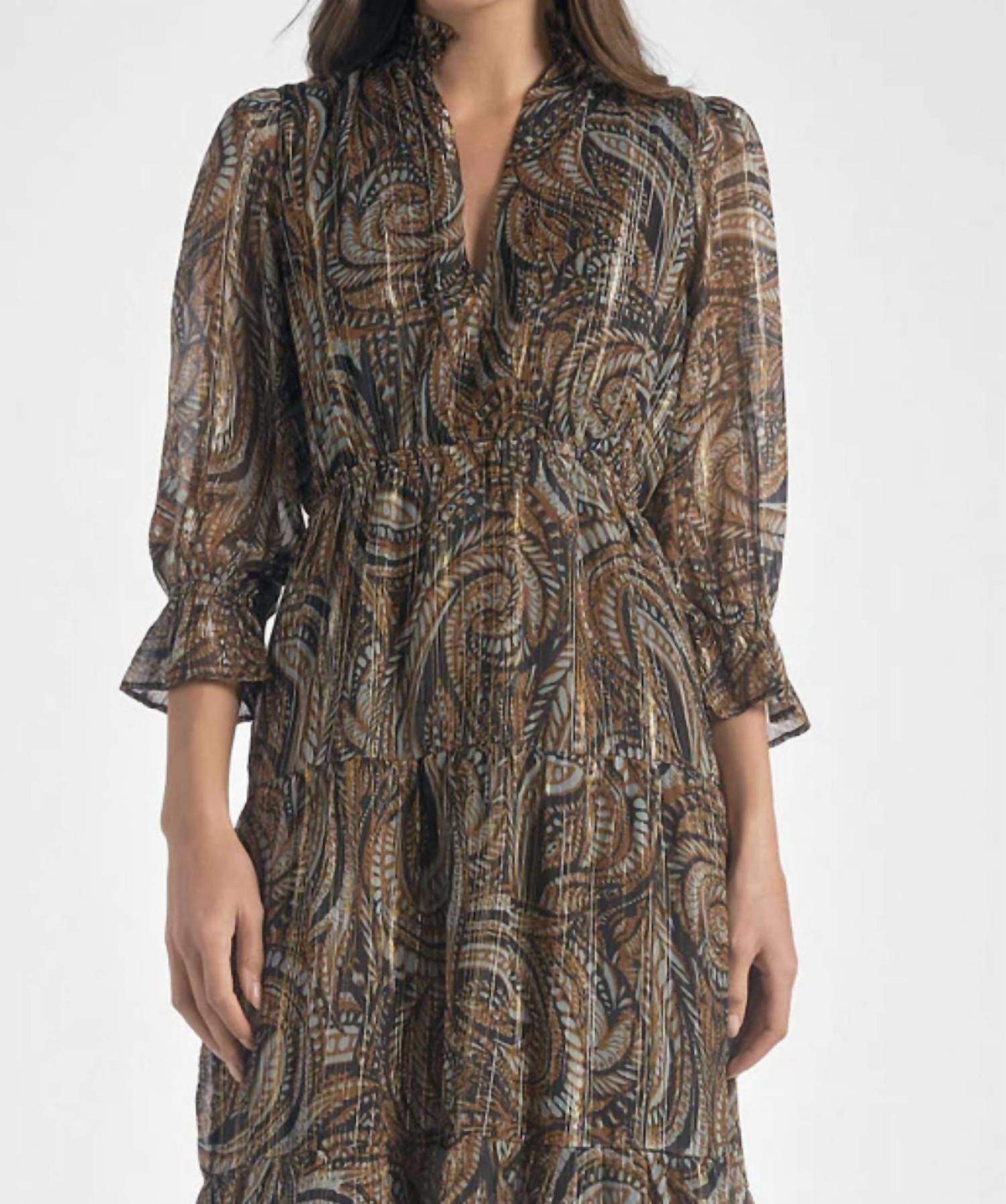 Elan - Three Quarter Sleeve Paisley Midi Dress