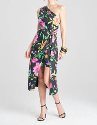 Natori Junko Cotton Poplin Asymmetrical Drape Dress in black multi - women's dress