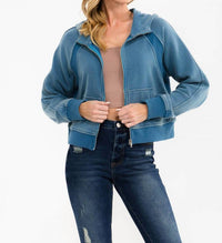 SurelyMine Canyon Vintage Cropped Zip Hoodie in blue - women's top