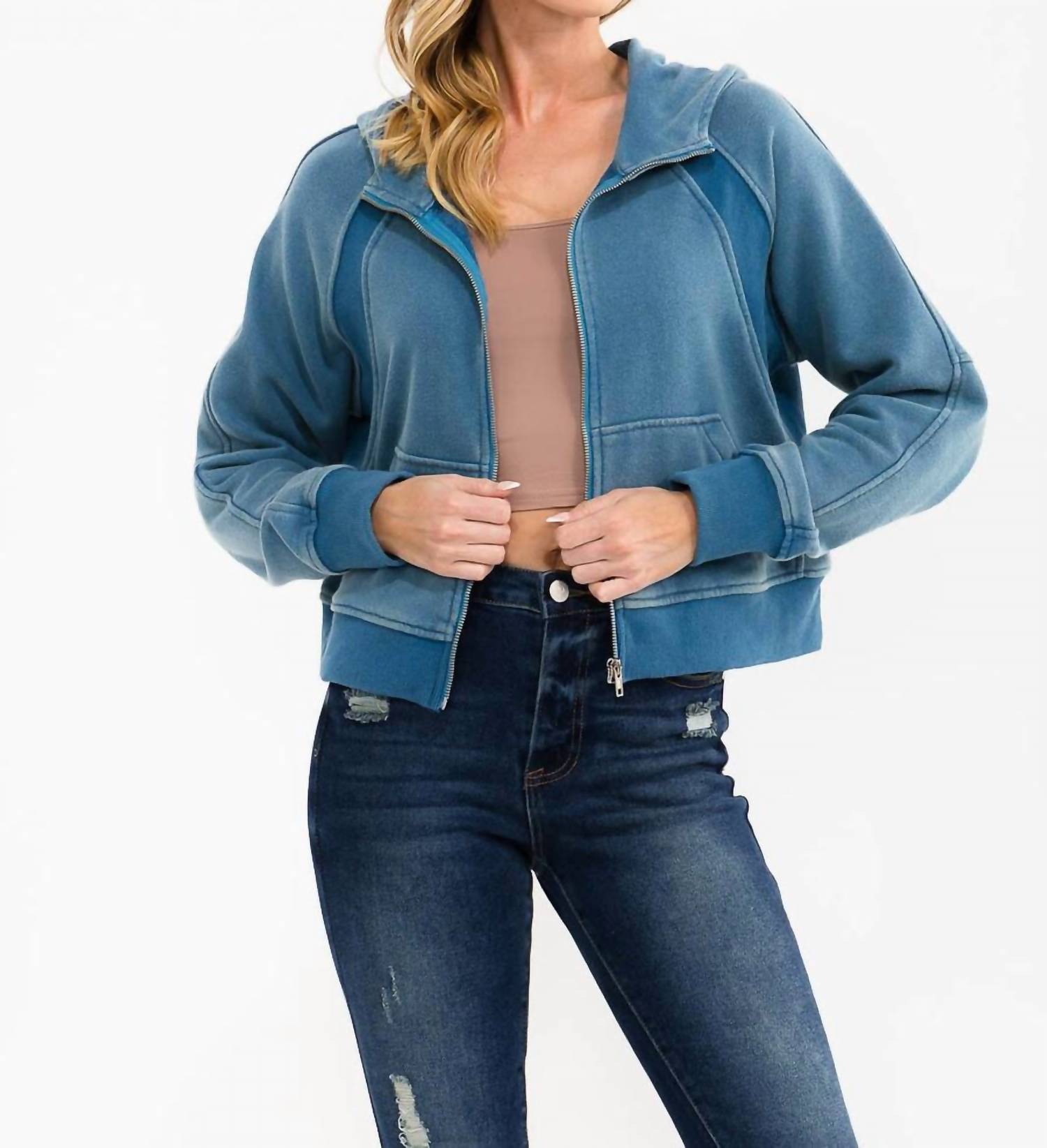 SurelyMine Canyon Vintage Cropped Zip Hoodie in blue - women's top