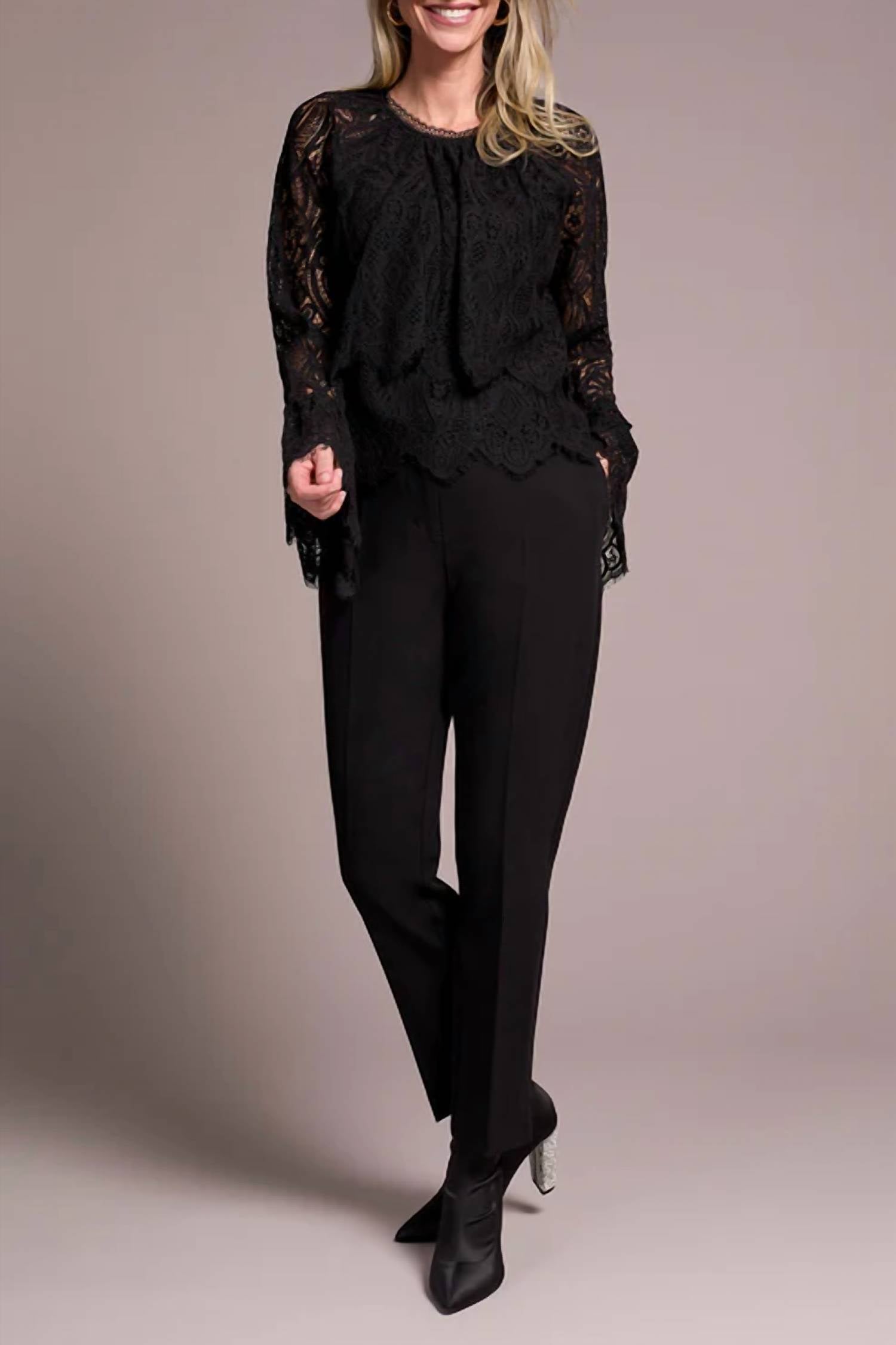 TRIBAL Tiered Blouse With Lined Body in black - women's blouse