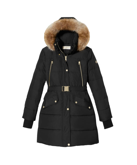 Michael Kors - Belted Faux Fur 3/4 Length Puffer Coat