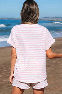 Lovesoft - Stripe Knitted Short Sleeve Top And Drawstring Shorts Set