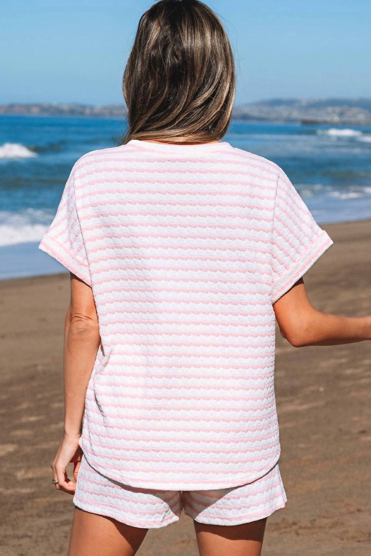 Lovesoft - Stripe Knitted Short Sleeve Top And Drawstring Shorts Set