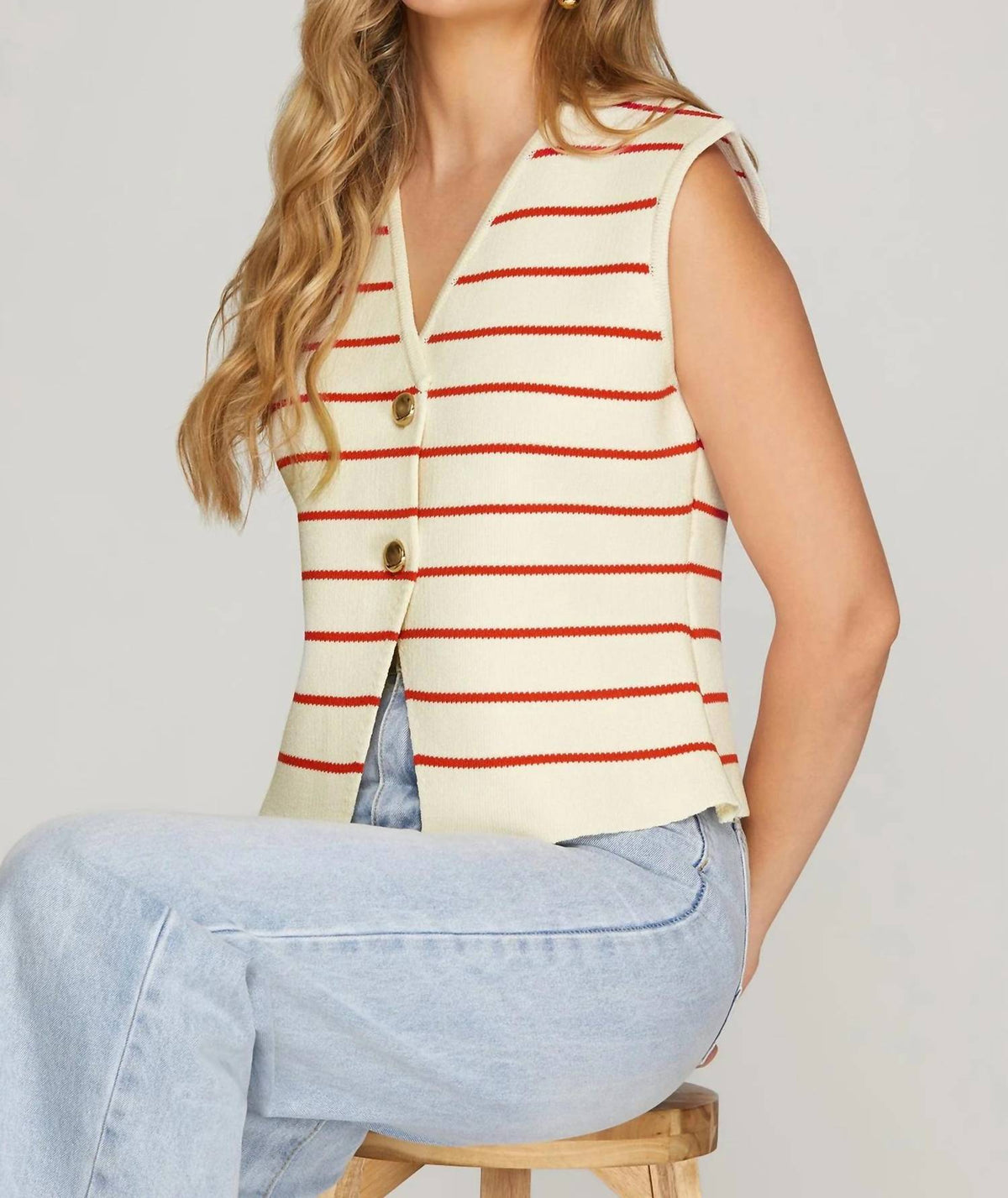 She + Sky - Sleeveless Button Striped Knit Sweater Vest