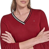 Tommy Hilfiger V-neck Long Sleeve Sweater With Striped Neckline in maroon - women's sweater - view 5
