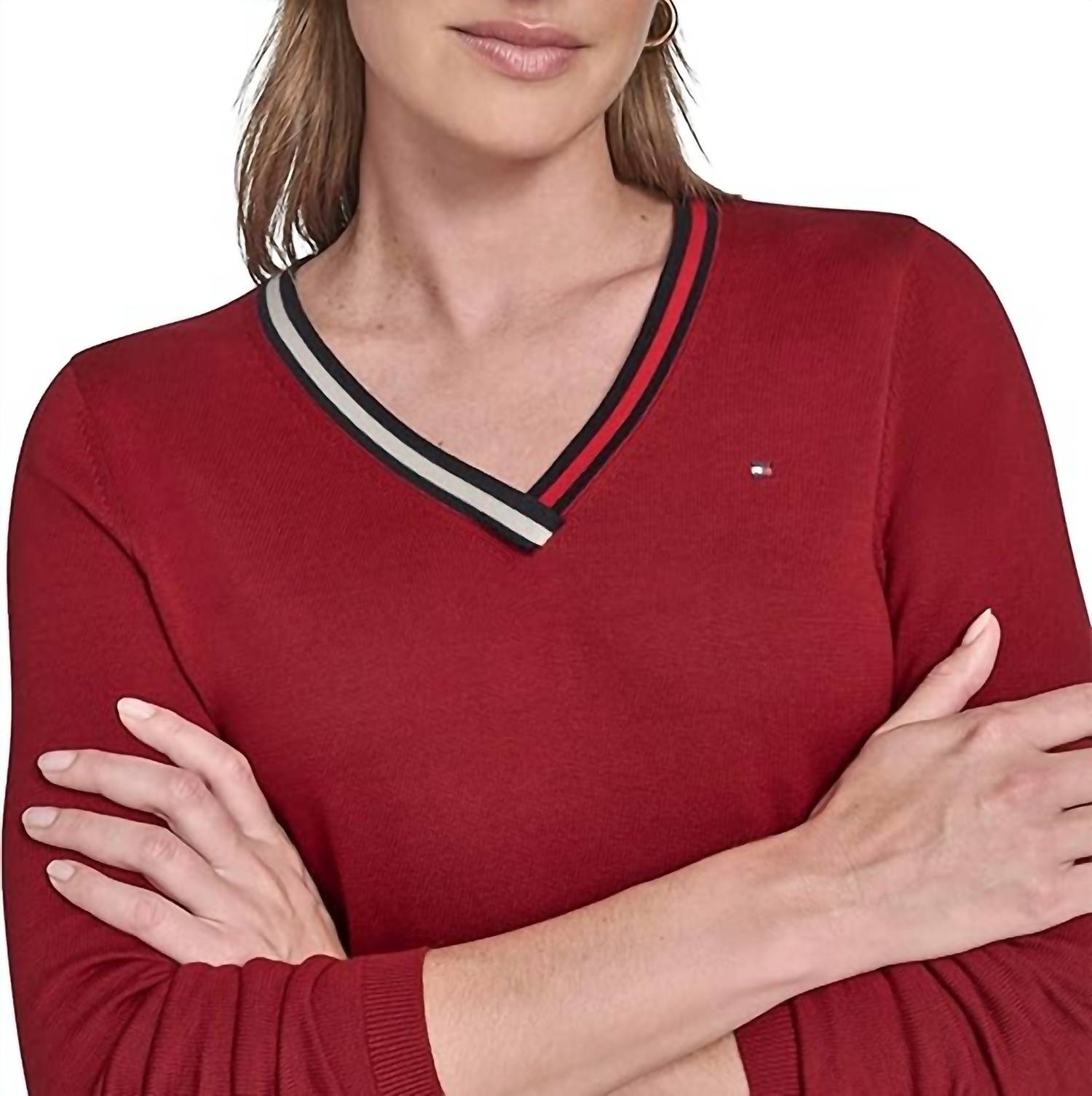 Tommy Hilfiger V-neck Long Sleeve Sweater With Striped Neckline in maroon - women's sweater - view 5