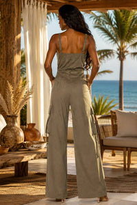 Surelymine - Zip Front Utility Cargo Wide Leg Jumpsuit