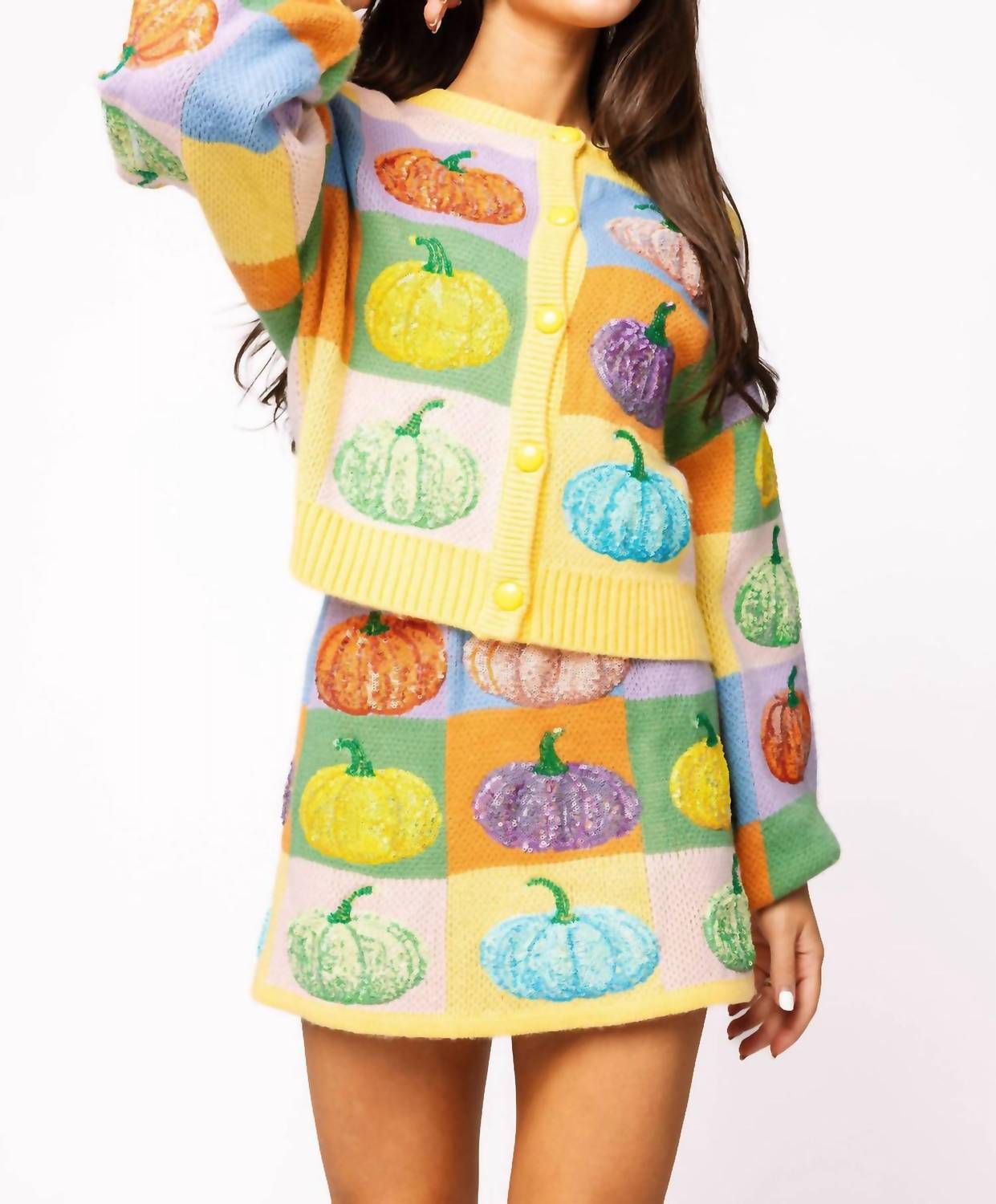 Queen Of Sparkles - Pastel Colorblock Pumpkin Button Up Cardigan