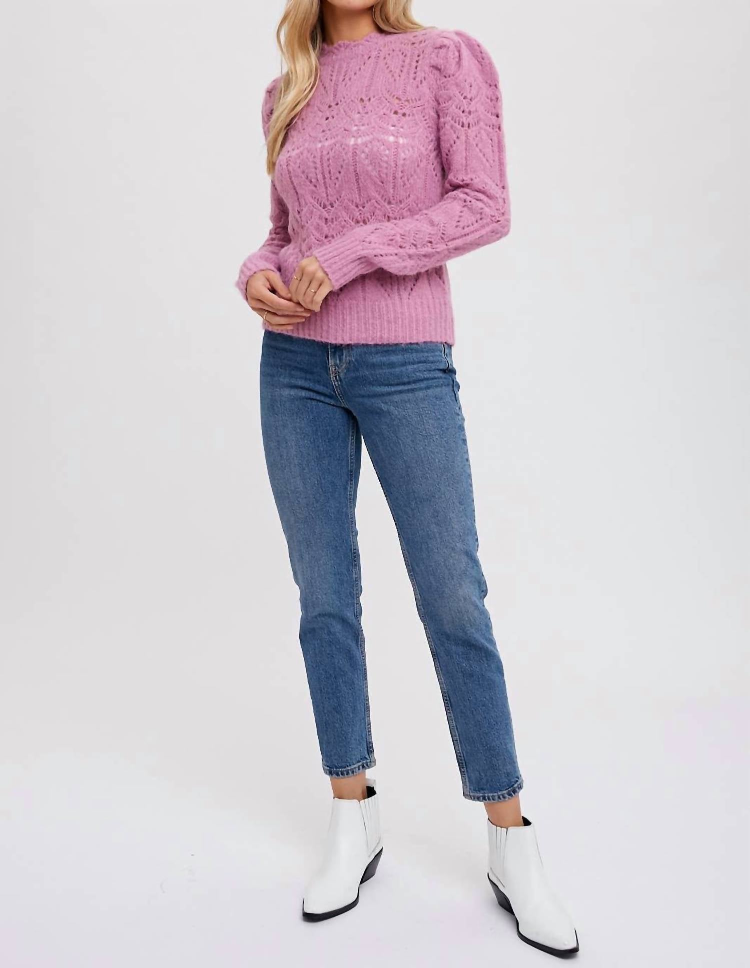 BluIvy Puff Sleeve Pointelle Pullover in rose - women's sweater - alternate view