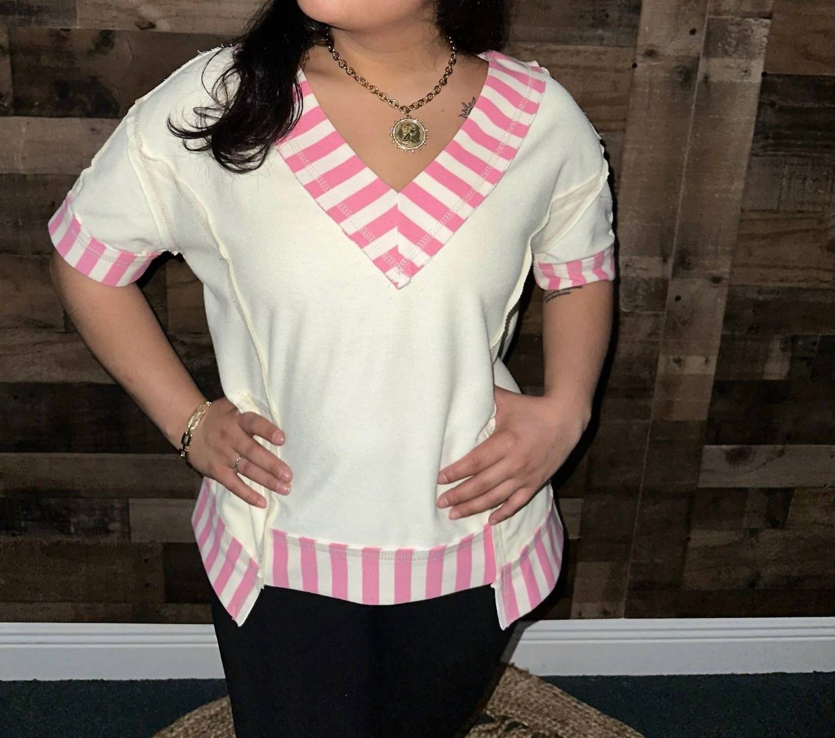 Bibi - Stripe Contrast Trim Oversized Top