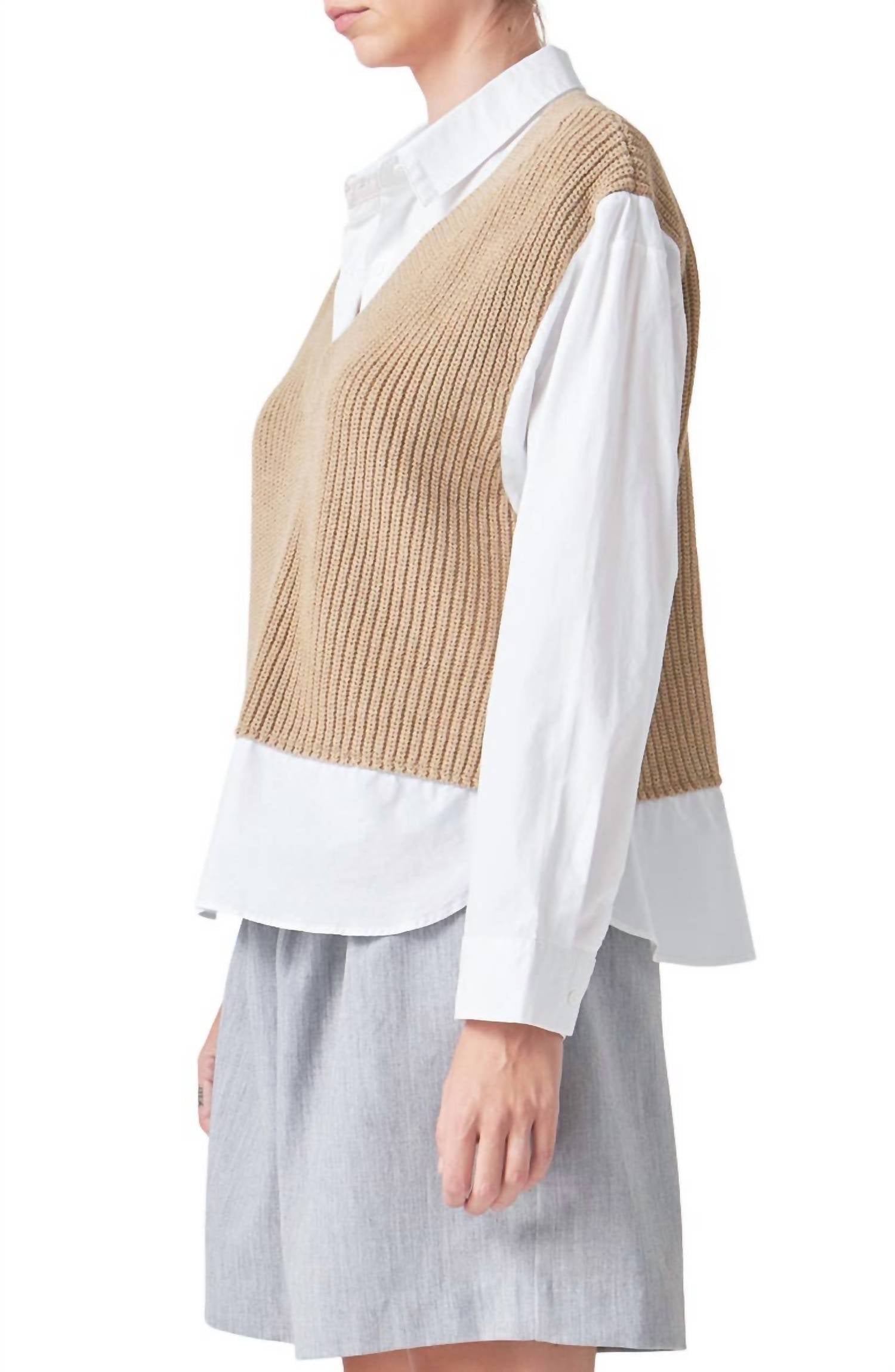 Grey Lab Layered Look Sweat Shirt in camel - women's shirt - detail view