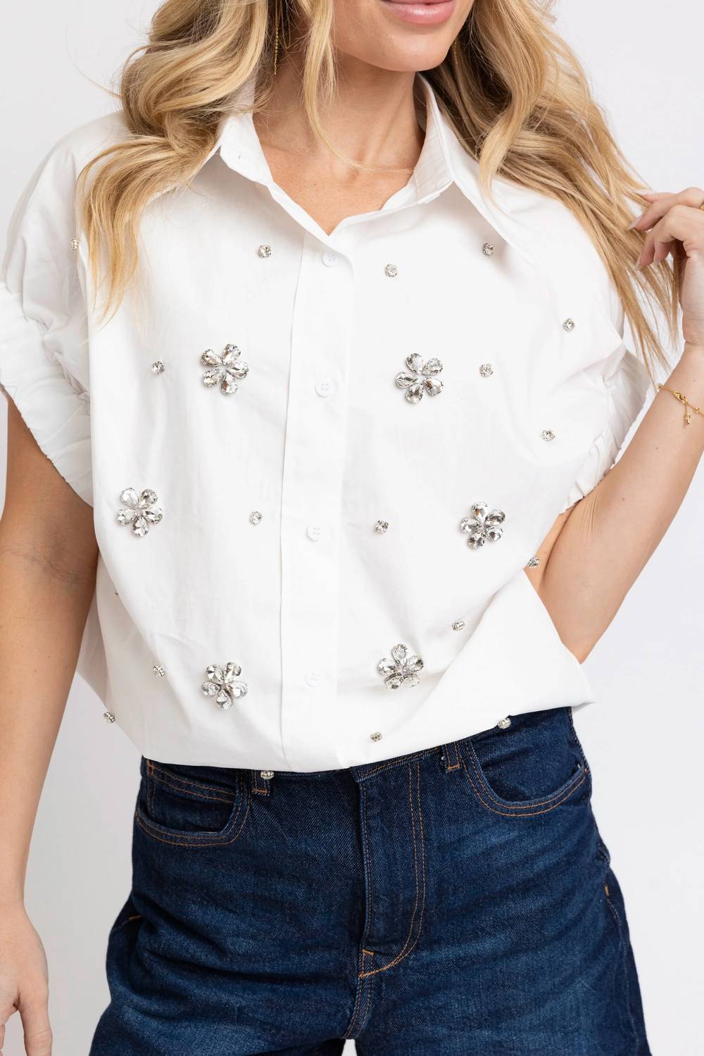 Karlie - Solid Poplin Jeweled Top