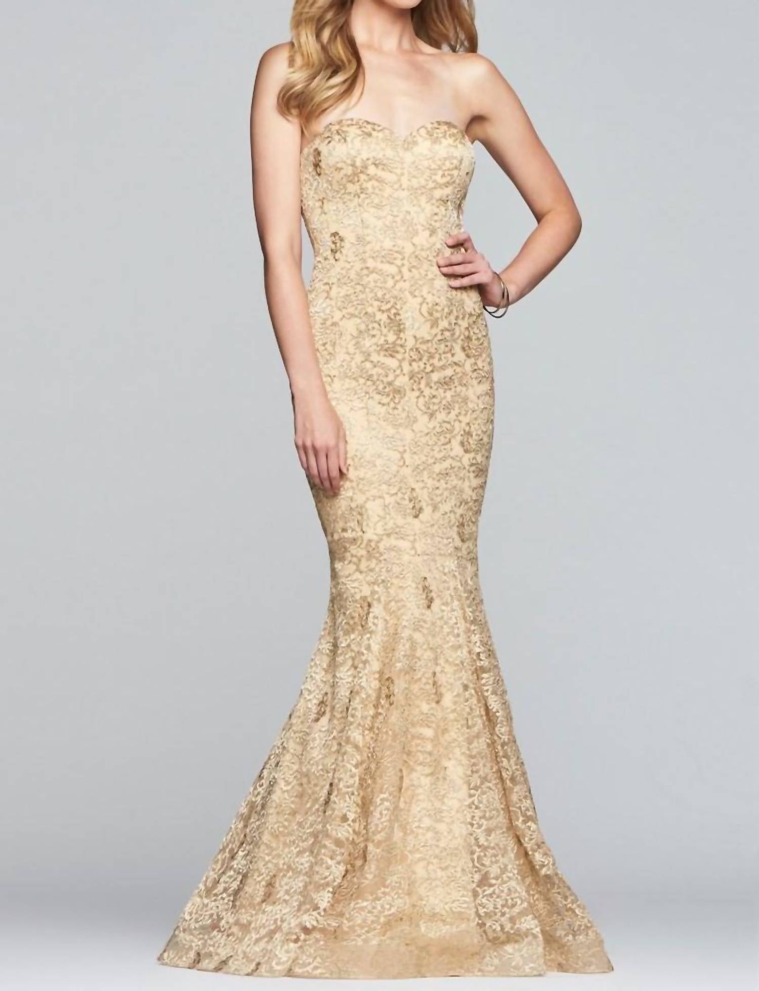 FAVIANA Embroidered Strapless Sweetheart Dress in gold - women's dress