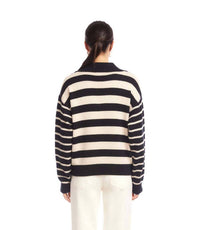 Karen Kane Stripe Polo Sweater in black with ecru - women's sweater - alternate view