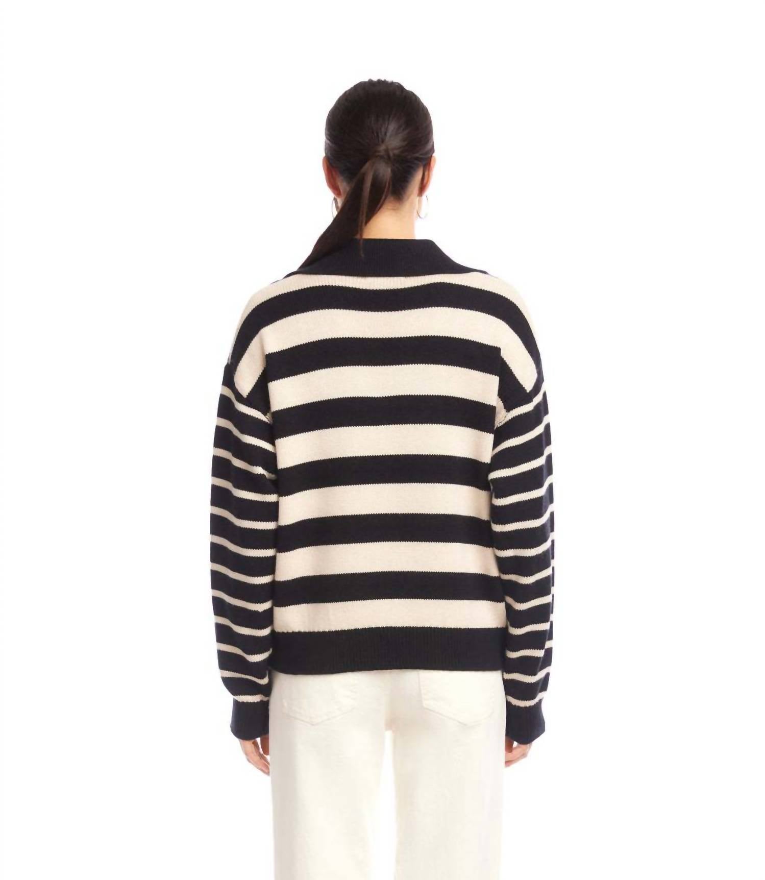 Karen Kane Stripe Polo Sweater in black with ecru - women's sweater - alternate view