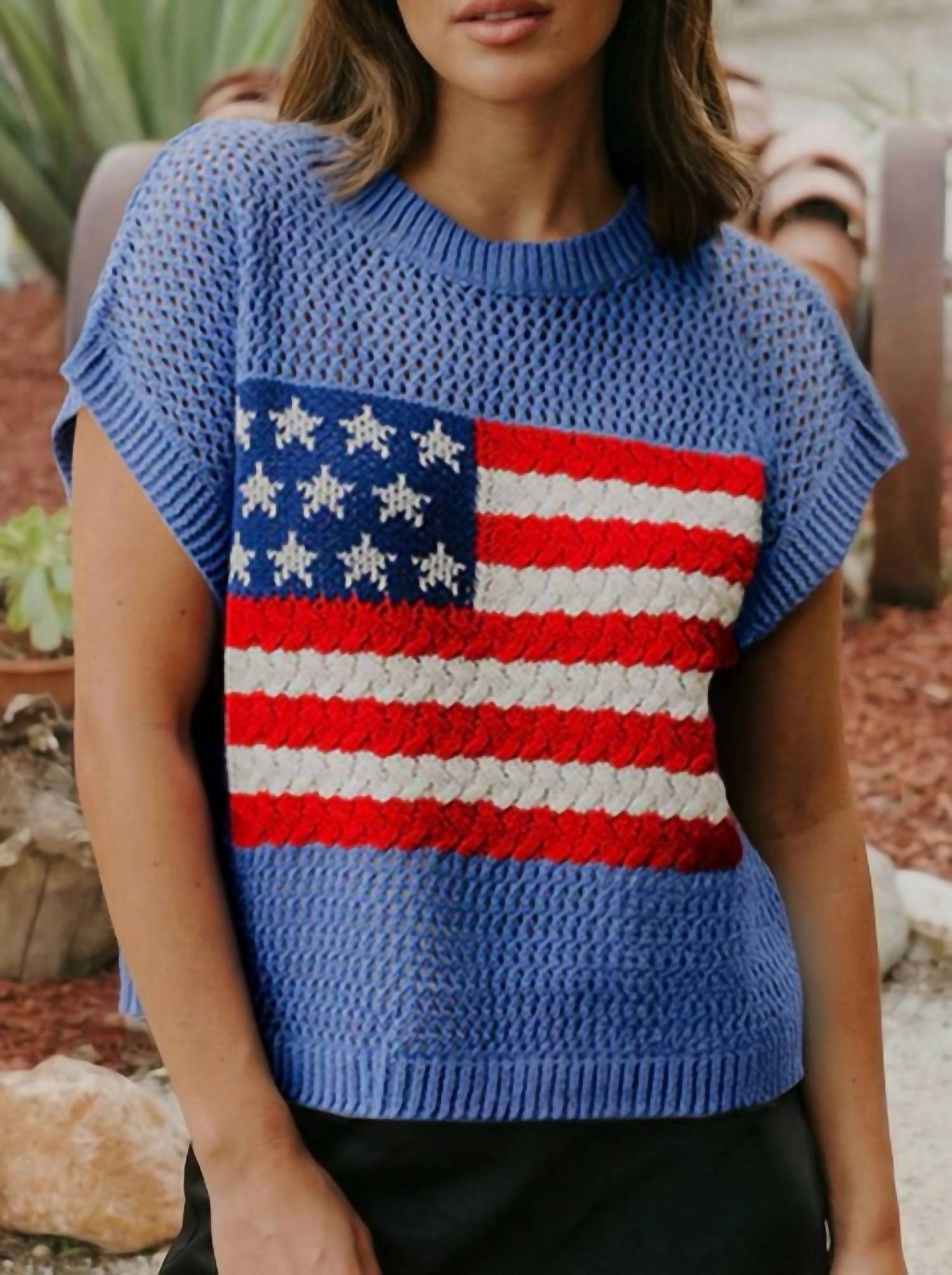 Fashionworks - Flag Graphic Short Sleeve Sweater Top