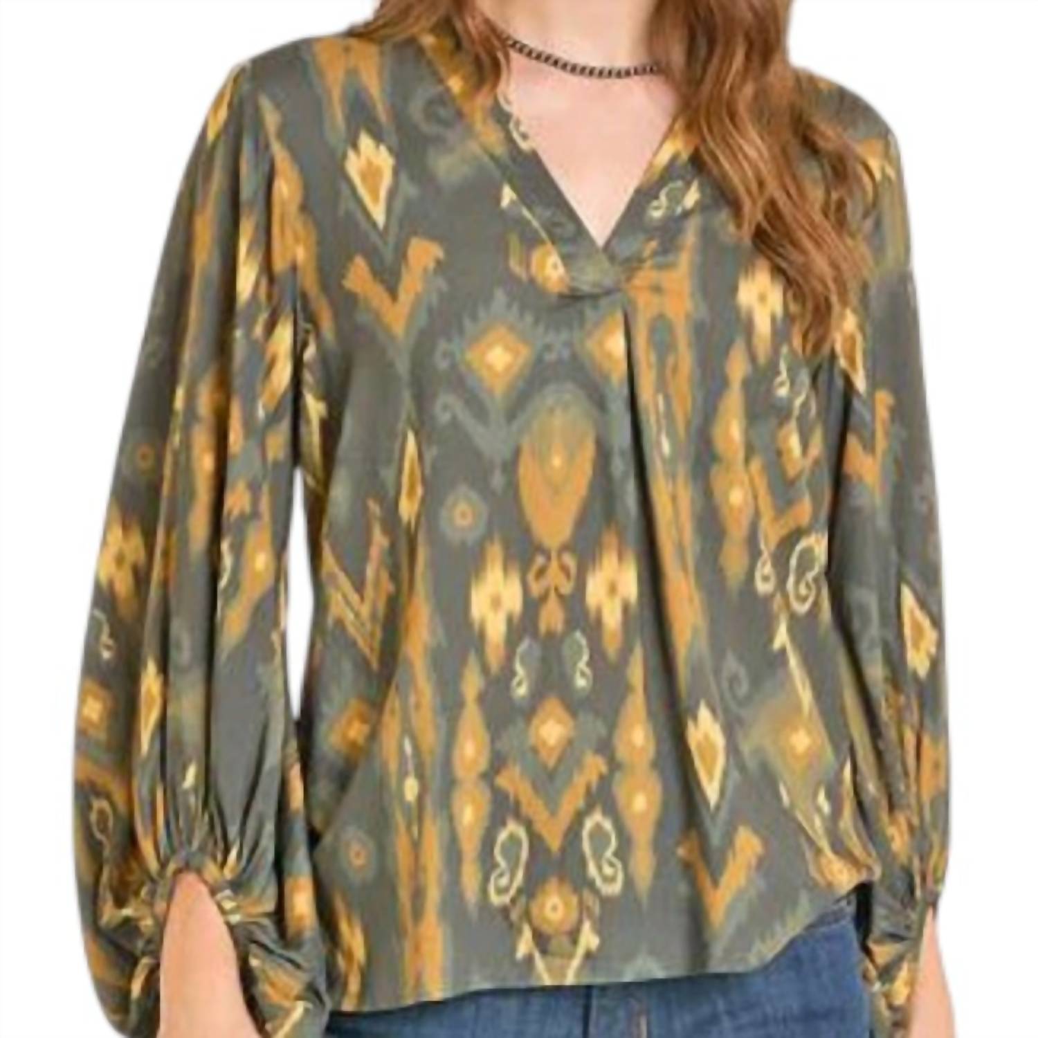 Panhandle Balloon Sleeve Top in olive - women's blouse - detail view