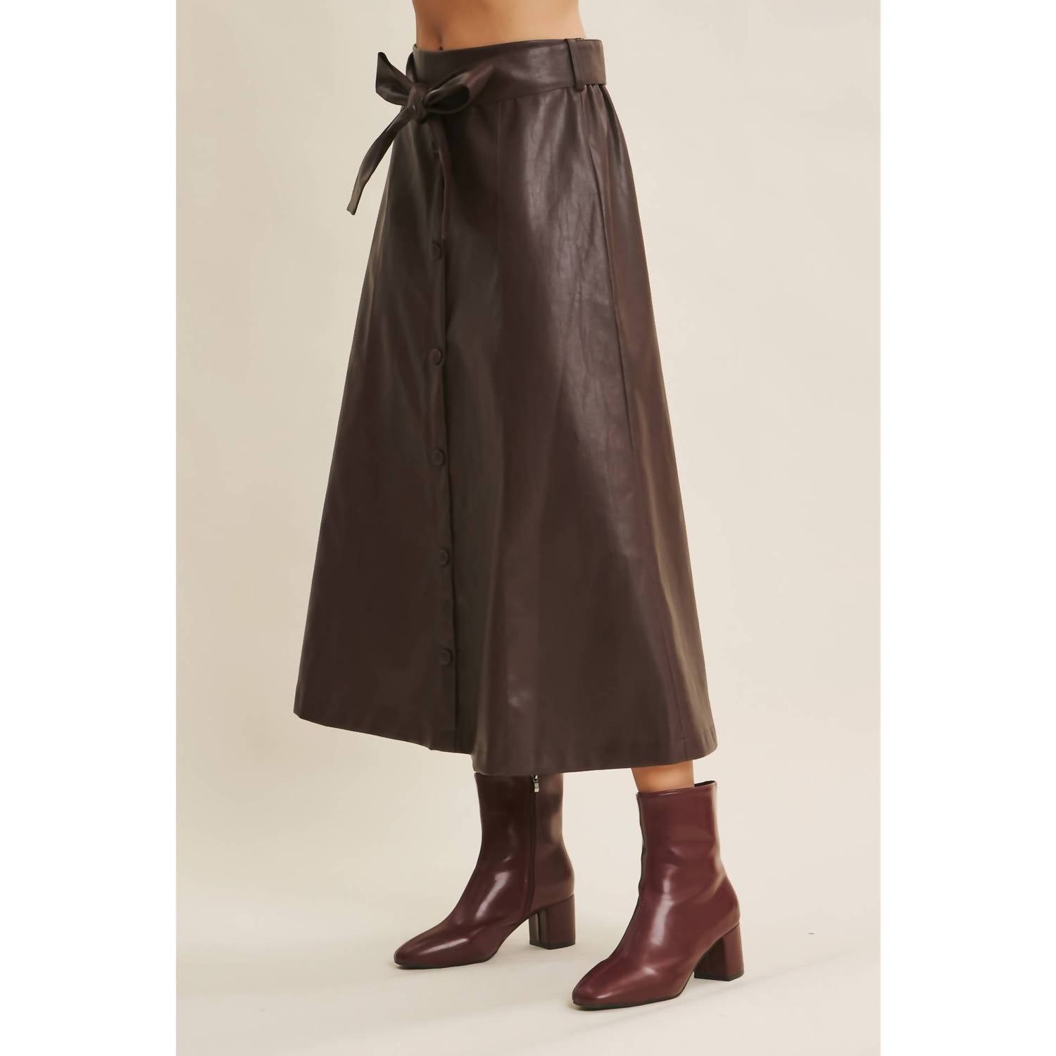 In February - Sophisticated Leather Belted Midi Skirt