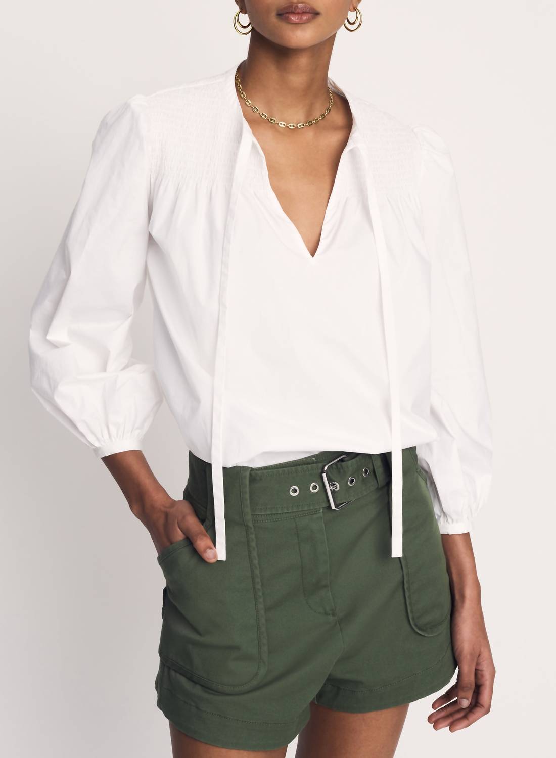 Derek Lam 10 Crosby Austin Smocked Top Blouse in optic white - women's blouse