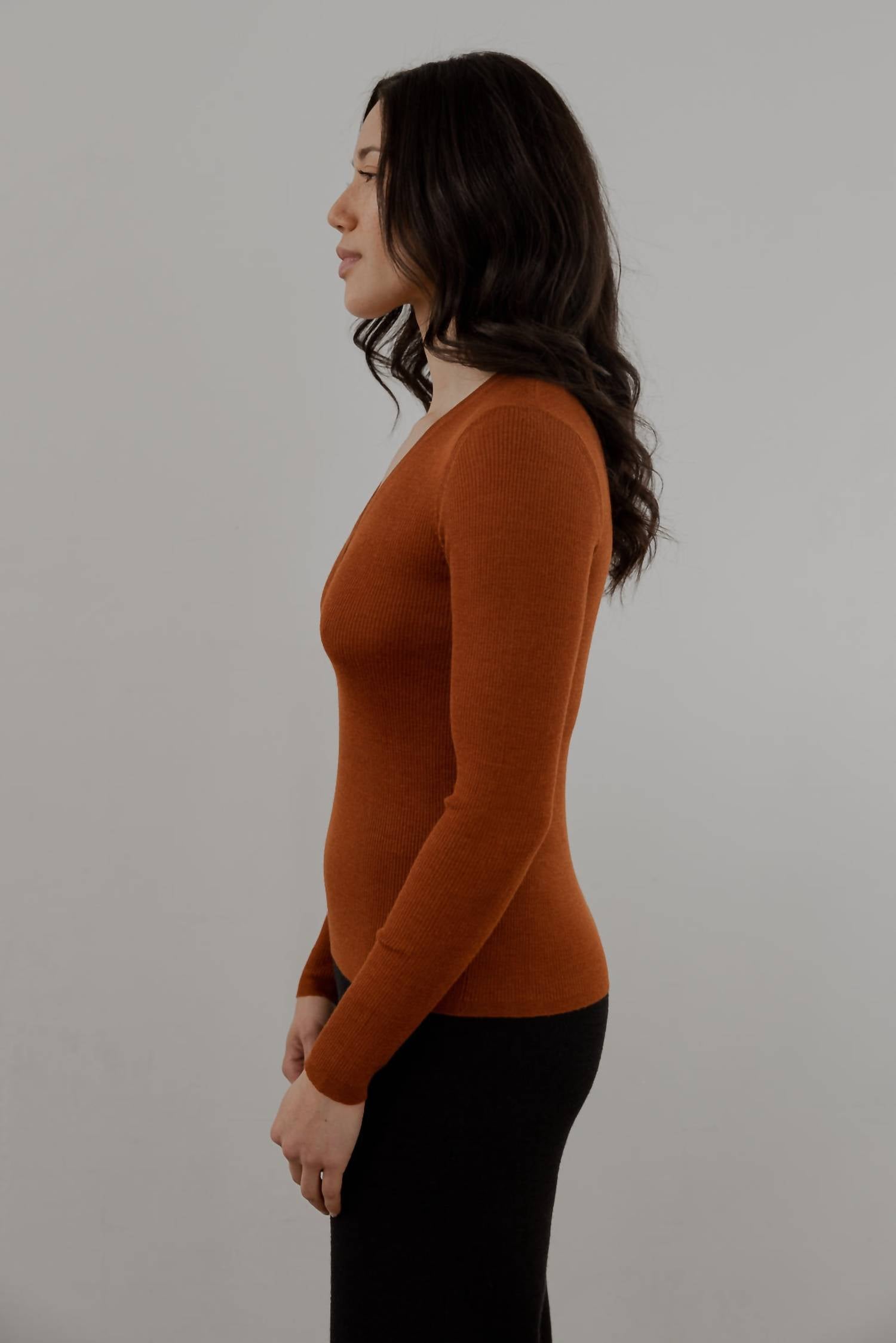 SSKEIN V-neck Henley Pullover in rust - women's sweater - alternate view
