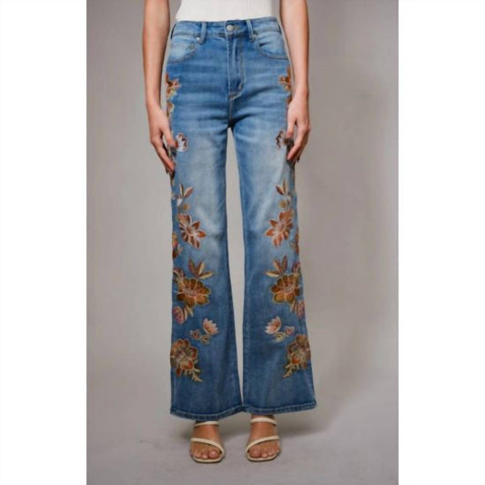Blue B - Women's Floral Embroidered Wide Leg Denim Pants