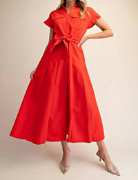 Glam - Collar V-neck Button Down Midi Dress