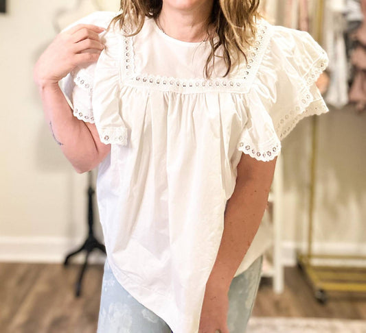 Easel - Crochet Lace Ruffle Peasant Top