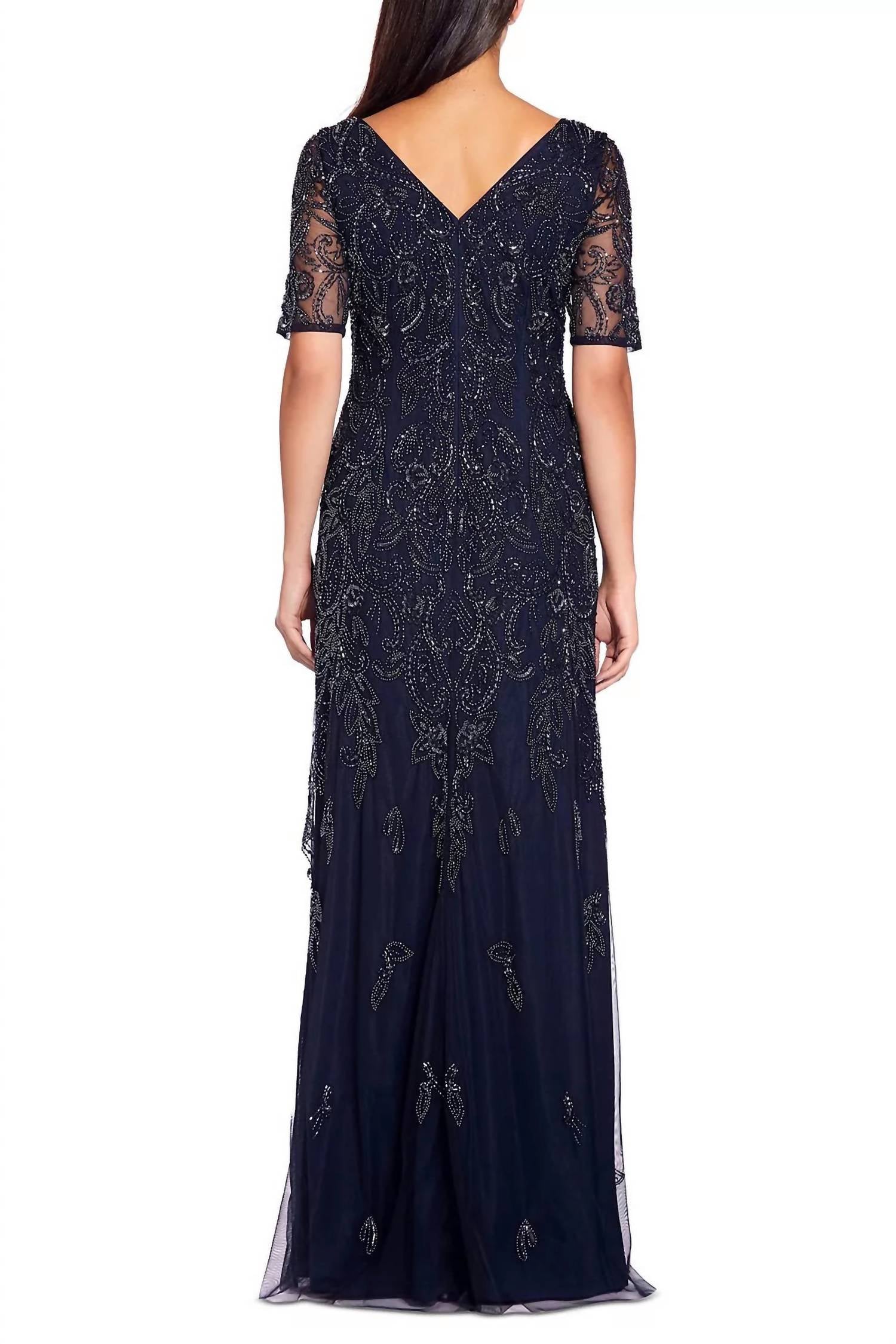Adrianna Papell - V-neck Sequined Mermaid Mesh Gown