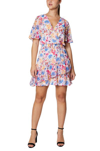 Laundry By Shelli Segal - V-neck Elastic Waist Asymmetrical Tiered Floral Linen Dress