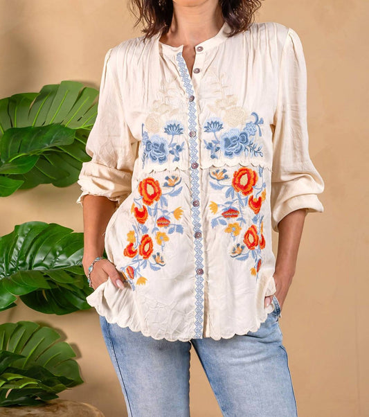 Paparazzi - Embroidered Viscose Button Front Shirt