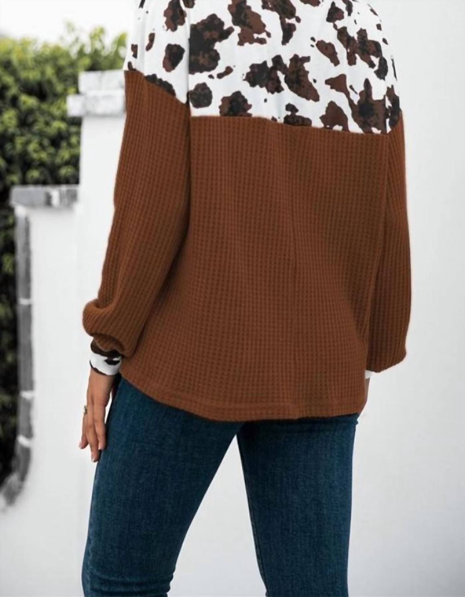Unishe - Cow Print Splicing Buttons Top